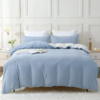 SOULFUL Bettwäsche 155x220 Baumwolle 2 Teilig, Bettwäsche-Sets Haiya Blue mit Reißverschluss, Ähnliche Textur wie Stone Washed Leinen, Enthält 1 Bettbezug 155x220 und 1 Kissenbezug 80x80