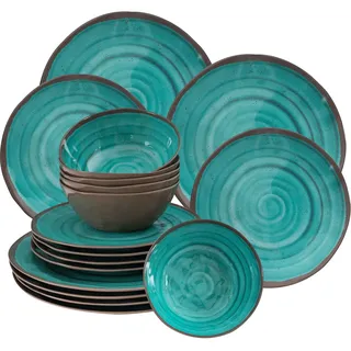 Melamin Geschirr Set 6 Personen Steingut Optik aqua-grün 18 Teile Tellern