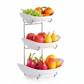 Acliys Obstschale, 3 Etagen Keramik Obstkorb, 3 Etagen Servierständer Servierschale mit Metallgestell, Porzellan Küchenschalen für Obst Gemüse Snack Nüsse Dessert Kuchen Tablett für Party Hochzeit