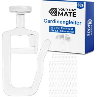 Gardinengleiter für Innenlaufschienen, 60 Stück, mit Ø 7 mm Flachkopf, in Klar, Faltengleiter für Vorhangschiene, Gardinenschiene, Vorhang Rollgleiter Kräuselband Haken, Gardine Gleiter Schiene System