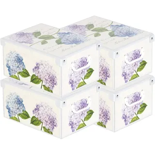 Set aus 4 Aufbewahrungsboxen mit Deckel – Große Kleiderboxen aus Karton 25x35x17,5 cm – Robust, leicht zu montieren, mit Tragegriffen – Perfekt für Kleiderschrank & Saisonwechsel Hortensien