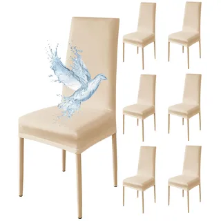 Poligino Stuhlhussen 6er Set Wasserdicht Stretch Universale Weich und Bequem, Stuhlbezug für Haus, Küche, Hochzeit, Restaurant, Party, Hotel, Zeremonie, Bankett - Beige