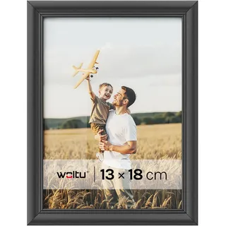 WOLTU Bilderrahmen 13x18, Fotorahmen aus Massivholz und PS-Platte, Holzrahmen mit Passepartout, zum vertikalen oder horizontalen Aufhängen/Aufstellen, Posterrahmen Collage Wanddeko, Schwarz