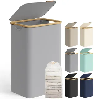 SONGMICS Wäschekorb mit Deckel, 90 l, platzsparend, herausnehmbares Netzfutter, Oxford-Stoff, Griffe aus Bambus, faltbar, 42 x 32 x 70,5 cm, Taubengrau LCB509G01