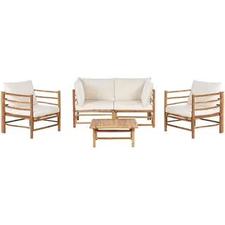 Beliani Lounge SET 4-Sitzer Bambusholz hellbraun 3-teilig Auflagen cremeweiß Cerreto , Creme , Holz , Gartenmöbel, Gartengarnituren, Gartenmöbel-Sets