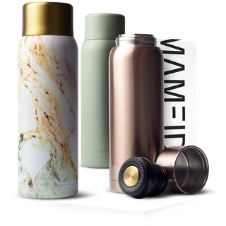 MAMEIDO Thermoskanne 1l mit Becher aus Edelstahl, Isolierkanne bis zu 12h heiß, auslaufsichere Thermosflaschen 100% BPA frei, Kaffee & Tee unterwegs (Pearl Marble Gold, 1000ml)