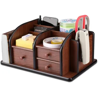 Flexzion Schreibtisch-Organizer aus Holz mit Schubladen – klassisches Bürobedarf-Zubehör, Schreibtisch-Tischsortierregal, Kirschbraun, Stifthalter-Set mit 3 Schubladen, 3 Fächern und 2 Ablagen