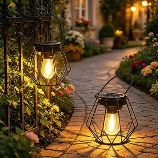 Ketom 2 Stück Solarlampen für Außen Hängend, IP65 Wasserdicht Metall Solarlaterne für Außen, Retro LED Solar Laternen für Draußen für Garten, Patio, Weg, Camping, Rasen, Schwarz, V - Förmige