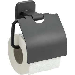 WENKO Turbo-Loc® Toilettenpapierhalter mit Deckel, ohne Bohren | Wandmontage mit Klebepad, optional zum Schrauben, für eine Rolle, lackierter Edelstahl, schwarz matt, Mod. Porto Black