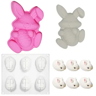 phxdance 2 Stück Silikonform Ostern Hase Set – Großer Kaninchen hält Ei & 6 3D Osterhasen Backform,Silikon Kaninchen Schokoladenformen Ostern & Gießformen für Tortendeko, Desserts & Party(Rosa)