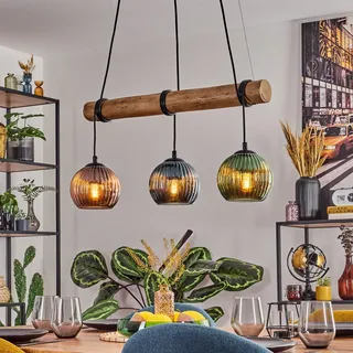 HOFSTEIN Pendelleuchte Koyoto, 3-flammige Hängelampe aus Metall/Holz/Riffelglas in Schwarz/Natur/Kupfer/Blau/Grün, Hängeleuchte Boho mit Glasschirmen, Holzbalken, E27, Esszimmer, Wohnzimmer, Küche