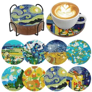 HTTDSLF 8 Stück Diamond Painting Untersetzer, Diamant Kunst Untersetzer Set mit Halter, für den Couchtisch, saugfähig für Getränke, Weingläser, Tassen, Vasen und Heimküche, DIY Set für Erwachsene