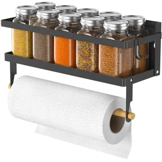 ARVINKEY Gewürzregal Magnetische Regal, Faltbare Kühlschrank Magnetische Gewürzhalter, Wandmontierter Gewürzorganisator Hängende Gewürzständer mit Papierhandtuchhalter Roll&Haken