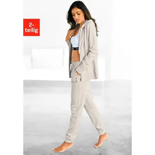 Loungeanzug BENCH. LOUNGEWEAR, Damen, Gr. 36/38, beige, Obermaterial: 90% Baumwolle, 10% Polyester, meliert, Basic, bequem knöchellang, Rippbündchen, Homewear-Sets Loungeanzug, mit goldenem Logomotiv