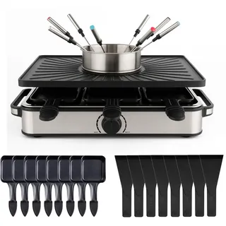 8 Personen Fondue/Raclette Set - Tischgrill inkl. Pfännchen & Schaber - Grillplatte & Steinplatte antihaftbeschichtet (Fondue Set)