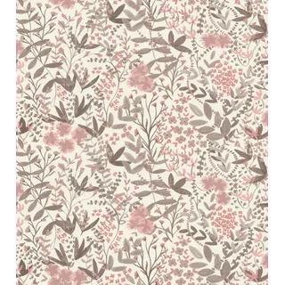 Rasch Tapete 580761 - Helle Vliestapete mit Blättern und Blumen in Rosa und hellem Taupe aus der Kollektion Country Charme