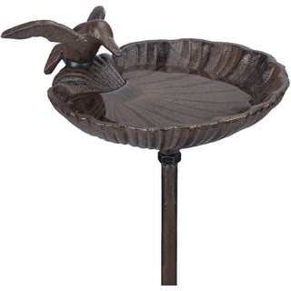 Relaxdays Vogeltränke zum Stecken, Wasserschale mit Vogel, frostsicher, Gartenstecker, 100 cm hoch, Gusseisen, braun