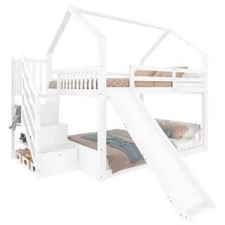 Flieks Etagenbett 140x200cm Weiß mit Stauraumtreppe und Rutsche Hausbett , Holz , 140x200 cm , Babymöbel & Kindermöbel, Kinderzimmer & Jugendzimmer, Kinderbetten, Spielbetten
