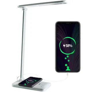 ANTELA Schreibtischlampe LED 7W Dimmable 5 Helligkeitsstufen & 3 Farben Nachttischlampe Wireless Charger Tischleuchte, USB-Anschluss, Augenschutz für Arbeit, für Arbeit, Lesen, Weiß