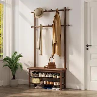 AQIMUELE Garderobenständer, Garderobe, mit Schuhbank, 3-in-1 Design, 11 Haken, Kleiderständer, Eingangsbereich, Flur, 30 x 80 x 170 cm, modern, Walnussbraun