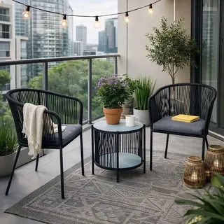 Balkonset Gartenset Bistro Set Gartenmöbel Set Outdoor Rope Sitzgruppe Schwarz - Schwarz