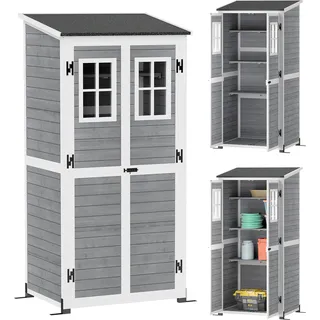 Outsunny Gartenschrank Holz, Geräteschuppen mit Abschließbar Tür 2 Fenstern Bodenplatte Asphalt-Pultdach Ablage 91x69x192cm, Hellgrau - Hellgrau