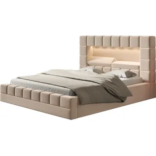 Polsterbett HILTON 200 x 200 cm mit LED Beleuchtung, Doppelbett inkl. Bettkasten und Lattenrost, Farbe Beige - Beige