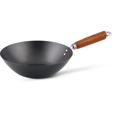 Ken Hom Carbonstahl Wokfanne mit Antihaftbeschichtung, 27cm, Classic, Nicht-Induktion/Holzgriff/Pfanne mit Flachem Boden, Nicht spülmaschinenfest