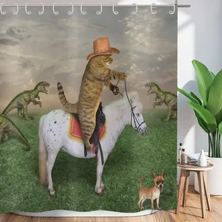 ASDCXZ Duschvorhang Lustig 180x180 cm, West Cowboy Bauernhof Lustig Katze Fahrt Pferd Waschbar Textil Badezimmer Vorhänge Polyester Wasserdicht Duschvorhänge für Badewanne mit 12 Duschvorhang Hake