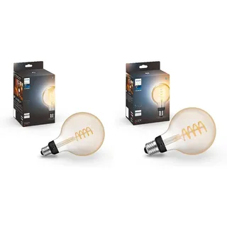 Philips Hue White E27 Filament G125 580 lm & White E27 Filament G93 550lm, warmweißes Licht, dimmbar, steuerbar via App, kompatibel mit Amazon Alexa (Echo, Echo Dot)