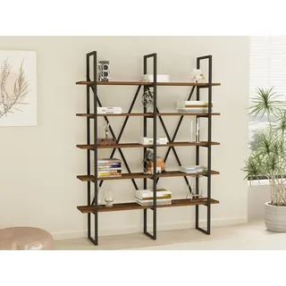 Hanah Home Modern Industrial Bookshelf, Walnut & Black, 126 x 160 x 26 cm | 100% Melamine Coated Particle Board, 18 mm Thick, Metal Frame | Wall-Mountable, Stylish Storage Solution