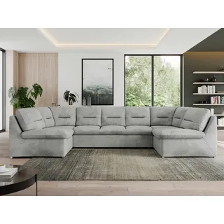 MKS Meble Sofa XXL U-Form Beige, Wohnlandschaft U Form mit Schlaffunktion, Sofa mit Schlaffunktion, Schlafsofa, Wohnzimmer Couch mit schlaffunktion - Morbido U - Hellgrau Velvet - Grau