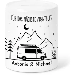 Camper Spardose personalisiert als Reisekasse für den Wohnwagen | Personalisiert, hochwertige Keramik, spülmaschinen- & mikrowellengeeignet, Wohnmobil Motiv
