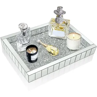 Artloge Deko Tablett Kristall Spiegeltablett: rechteckig Kosmetiktabletts Groß Glastablett Silber, Diamant Parfümtablett für Kommode, Couchtisch, Schlafzimmer (37 x 27 x 5 cm)