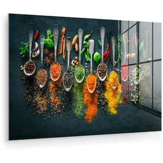 MuchoWow Acrylglasbild Kräuter - Gewürze - Löffel Wandbild Schlafzimmer 120x80 cm , Currygelb , Glas , Rechteckig , 120x80 cm , Bilder & Rahmen, Bilder, Acrylglasbilder