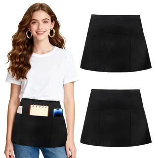 AUYAO Kochschürze Schwarze Schürze mit 3 Taschen 2PC Vorbinder Schürze Kurz Kellner schürze für Herren Damen Küchenschürzen Grillschürze Schürzen Kittelschürze Damen Hausarbeit Kochen Grillen Backen