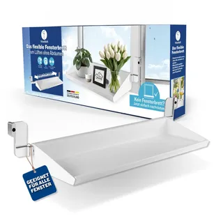 frischluft Fensterbrett Flexible Fensterbank für fast alle Fenster | Lüften ohne Abräumen, ohne Bohren & Kleben, einfach einklemmen | Teleskop 55–86 cm für Fensterbreite 65–107 cm, bis 5 kg