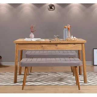 Skye Decor, Santiago 0701 - Atlantic Pine, Soho Grey, Ausziehbarer Esstisch und Bank-Set (3-teilig), Atlantische Kiefer, 100 % MELAMINBESCHICHTETE SPANPLATTEN, 75 x 120 x 75 cm - Grau