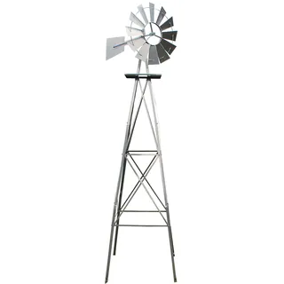 Wiltec Windrad mit 245 cm Höhe, Windmühle in Silberfarben, Windspiel im US-Design, Gartendeko mit kugelgelagertem Texasrad, Rankhilfe für Garten