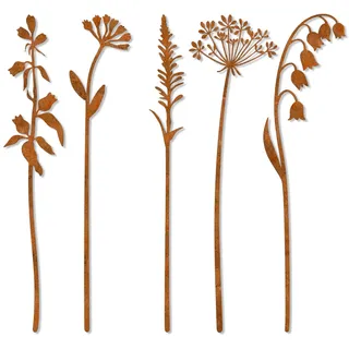 Cunegra 5 Stück Gartenstecker Rost, Metall Blumen Garten Deko, Rost Deko für Garten, Gartendeko für Draußen, Blumenstecker für Terrasse, Balkon, Blumentöpfe, Geschenke für Gartenliebhaber