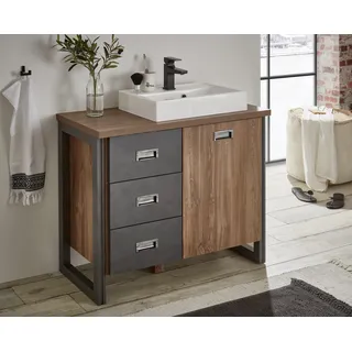 Home Affaire »Detroit, Unterschrank mit Apothekergriff, Badschrank, Industrialdesign« Eiche dekor, mit Stauraum, inkl. Mineralguss-Waschbecken, Breite 91 cm,