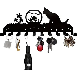 BEJAGWUS Schlüsselbrett Modern aus Metall,Hakenleiste mit Katzenkunstmuster,Schlüsselhalter Schlüsselhaken Wandgarderobe mit 10 Haken,Wand Deko für Flur,Wohnung,Wohnzimmer & Küche (Katze und Fisch)