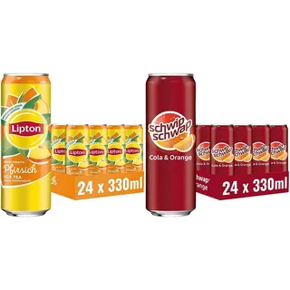 LIPTON ICE TEA Peach, Eistee mit Pfirsich Geschmack, EINWEG Dosen (24 x 0.33 l) & Schwip Schwap, Das Original – Koffeinhaltiges Cola-Erfrischungsgetränk mit Orange, EINWEG Dose (24 x 0.33 l)