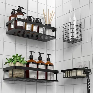 UUlioyer Duschablage ohne Bohren, Wasserdichter und Rostfreier Duschregal, 4 Stück Badezimmer Regal Organizer, Shampoo Duschgel Halterung für Dusche, Schwarz (Mit Seifenhalter und Zahnbürstenhalter)