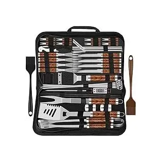 38 Stücke BBQ Grillbesteck Set Edelstahl Grillzubehör für Männer Geschenk Geburtstag Hochwertiger Grillutensilien Set Koffer mit Grillkoffer und Grillmatte für Garten und Camping Braun