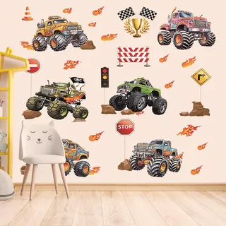 90x30cm Wandsticker Auto - Wandtattoo Kinderzimmer Junge Transporte Fahrzeuge - Monster Trucks Wandaufkleber - Selbstklebend Wandtattoo Rennauto für Junge Mädchen Schlafzimmer Babyzimmer Wanddeko