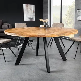 Massiver Esstisch Iron Craft - 140cm - Natur - rund - Mangoholz Metall Industrial Design - Schwarz