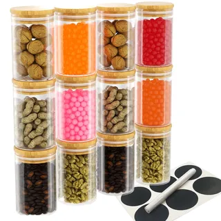 Newaner 12 Stück Gewürzgläser, Vorratsdosen Glas(300ml), luftdichtes Gewürzglas Mit Bambusabdeckung, Kommt mit Aufkleber und Whiteboard-Stiften, Gewürzglas sehr gut zum Tee, Kaffee, Gewürze etc.