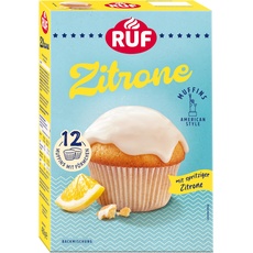 RUF Zitronen Muffins Backmischung, fruchtige American Style Muffins mit Zitronenglasur, einfache Zubereitung, 12 Muffin-Förmchen inklusive