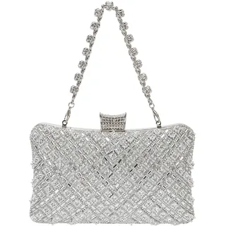 COAIMANEY Damen Funkelnde Strass Clutch mit Kette, Silber Abendhandtasche Schultertasche für Hochzeit Party Ball